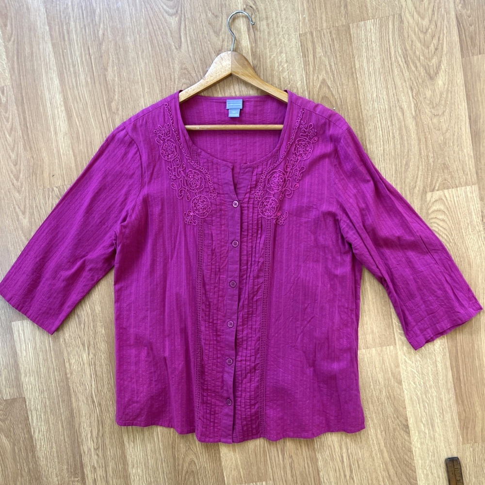 Laura Scott Boho Top Size Extra Large Pink Embroidered Peasant Button Up‎ 3/4